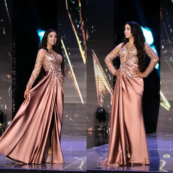 

beaded long sleeve prom dresses side split beaded sequined satin evening dress formal wear party gowns, Black