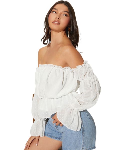 

swiss dot off shoulder gathered sleeve peplum chiffon blouse s5aq#, White
