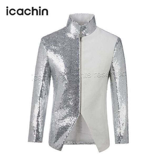

stand collar men white and silver sequin jacket traje chaqueta hombre blazer hombre americana hombre zipper blazer homme 201104, White;black