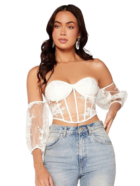 

floral embroidered off shoulder bustier mesh v12e#, White