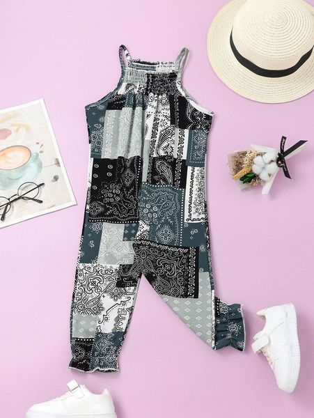 

toddler girls paisley & floral print shirred detail ruffle hem jumpsuit she, Blue