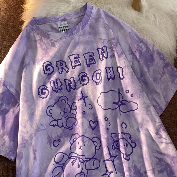 

2022 cotton cute bear tshirt streetwear summer oversized t shirt women harajuku short sleeves tee hip hop tie dyed tshirt funny, White