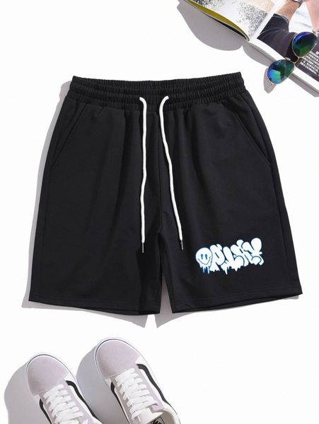 

romwe guys letter cartoon face graphic drawstring track shorts b7v3#, White;black