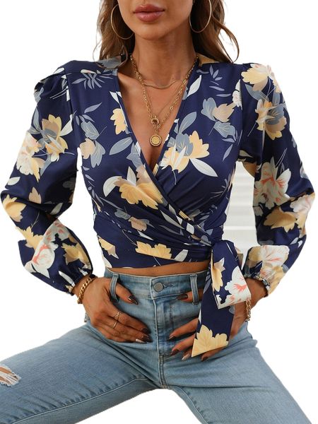

floral print knot side wrap blouse b62w#, White