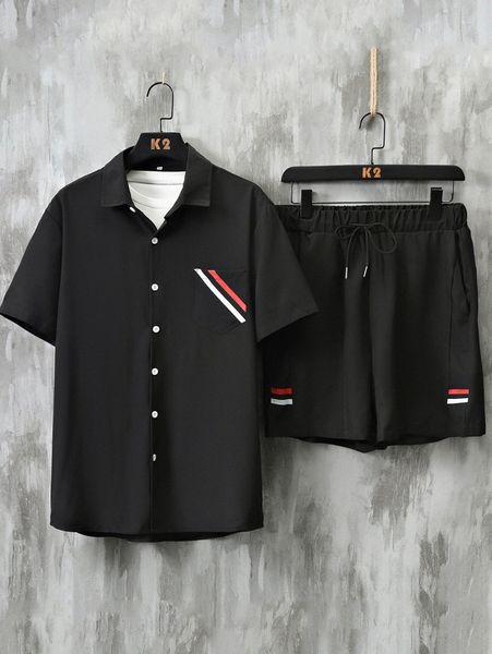 

men striped print shirt & drawstring waist shorts without tee 28db#, Gray