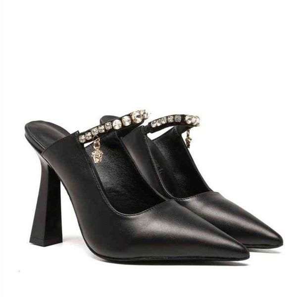 

high dress shoes heeled sandals women's medusa summer leather temperament versatile thin heel pointed baotou slippers 0v3s, Black