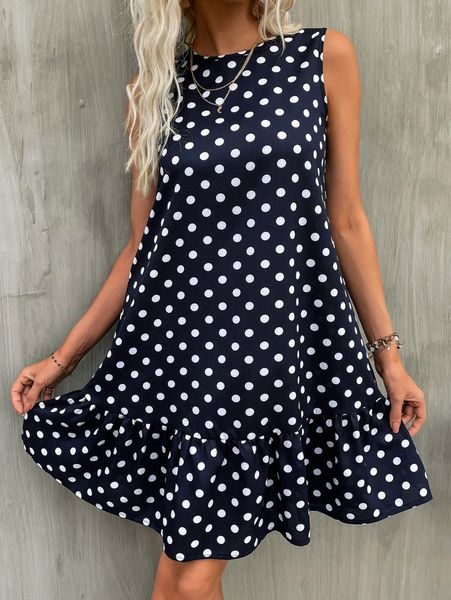 

polka dot ruffle hem keyhole back smock dress b8lc#, Black;gray