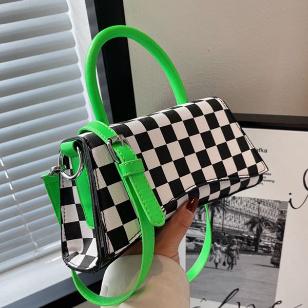 

women wide strap armpit bag pu leather designer green yellow shoulder bag ladies plaid handbag party messenger bags