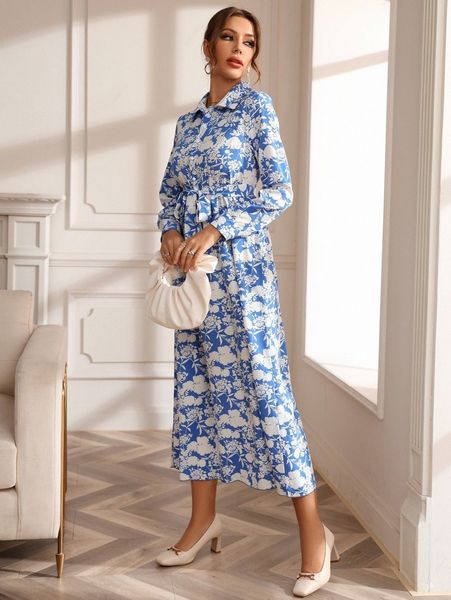 

floral print belted shirt dress i3hj#, Black;gray