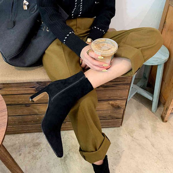 

boots cow leather boots are thin and high short women's thick heels shoes in autumn winter cozd, Black