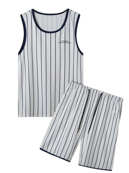 

men striped & slogan graphic tank & drawstring waist shorts m4co#, Gray