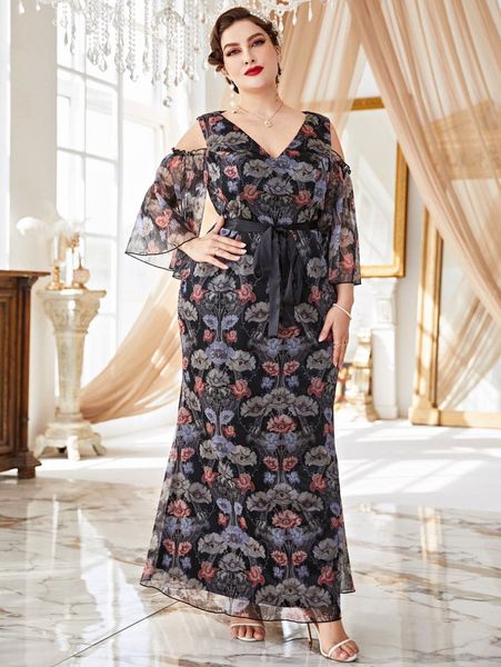 

plus allover floral print cold shoulder belted dress r8ro#, Black