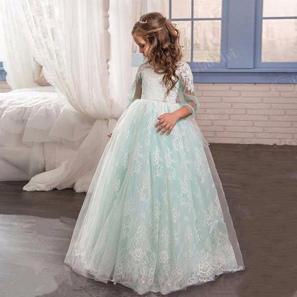 2022 Printage Princess Flower Girls Dresses Lace Lace Backless Ocidental para casamentos vestidos de bola de bola Crianças vestidos de concurso Primeiro vestidos da Santa Comunhão