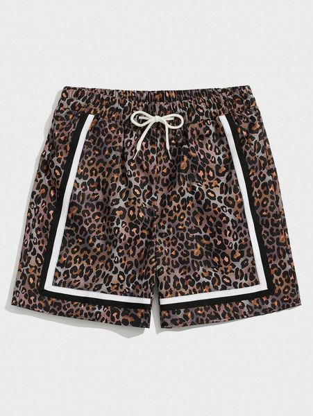 

romwe guys striped leopard print drawstring shorts w6km#, White;black