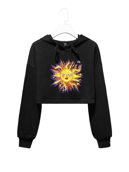 

x shelly drawstring detail sun print hoodie y23m#, Black