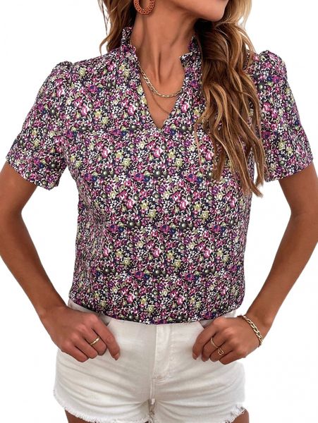 

ditsy floral notched neckline puff sleeve blouse 838g#, White