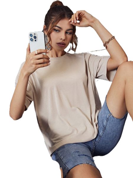 

solid round neck drop shoulder tee z4py#, White