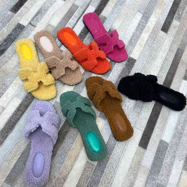 

luxury slippers herme ins style wool slippers for women wear out fur one leisure one-piece in autumn and winter, Black