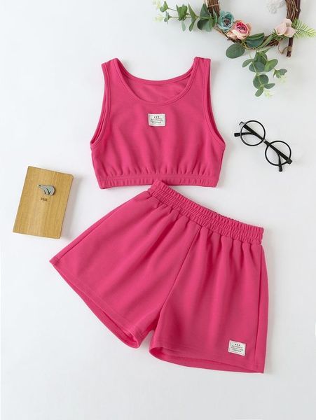 

girls letter patch crop tank & shorts she, White