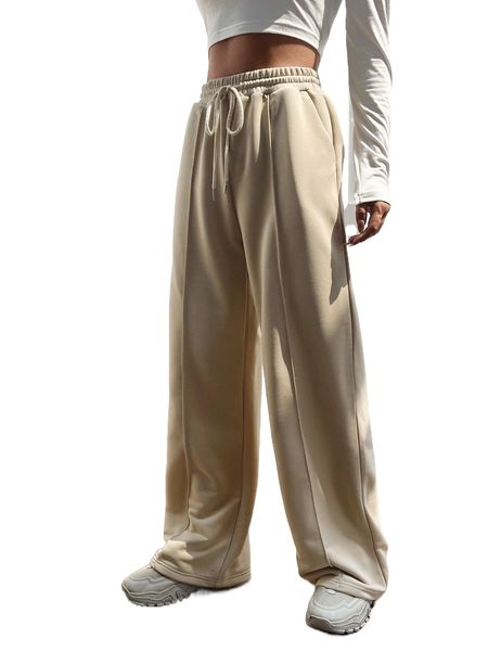 

seam front slant pocket drawstring waist pants 65xs#, Black;white