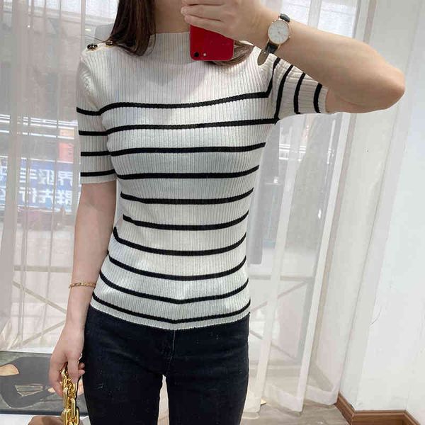 

women's knits & tees family d spring and summer slim wool sweater women's light half high collar medium sleeve stripe bottomed shi, White