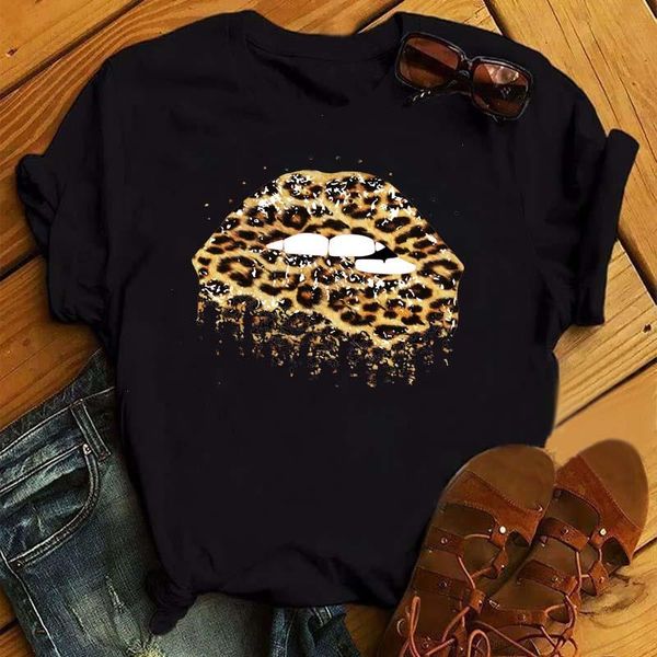 Engraçado Lips Big Lips Leopard Camisetas Mulheres Mangas curtas de verão para camisa de senhora Harajuku O-pescoço Top Tees Feminino