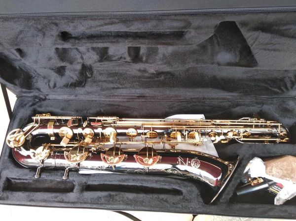 Nuovo sassofono per strumento baritono professionale in nichel nero con chiavi dorate Eb Baritone Sax Bottone in conchiglia di abalone con custodia