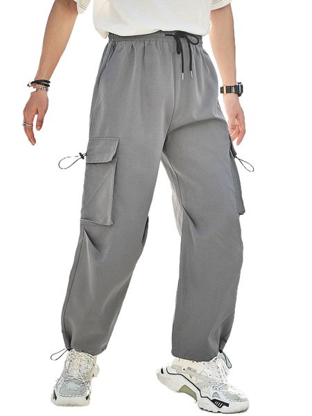 

men flap pocket drawstring hem cargoÂ pants r40u#, Black