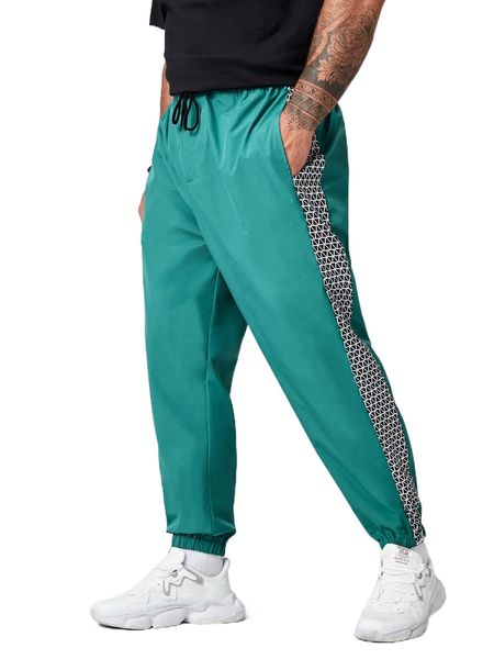 

extended sizes men contrast geo side seam drawstring waist pants a1qf#, Black