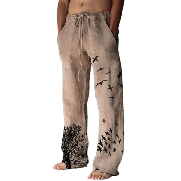 Pantaloni da uomo Uomo Casual Elegante Flying Bird Print Lace up Vita media Pantaloni lunghi da uomo vintage Streetwear Autunno Inverno 220826