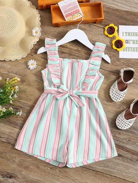 

toddler girls vertical striped ruffle trim belted romper she, Blue