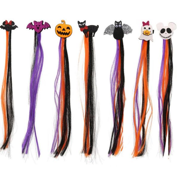 

halloween hairclips with hair extensions costume accessories wig braided ponytails pumpkin ghost bat wing black cat witch hat barrettes hair, Silver