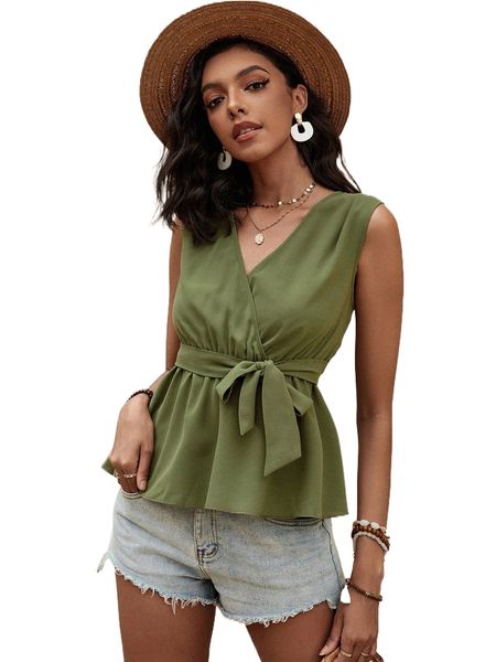 

surplice neck belted peplum sleeveless blouse n4mi#, White