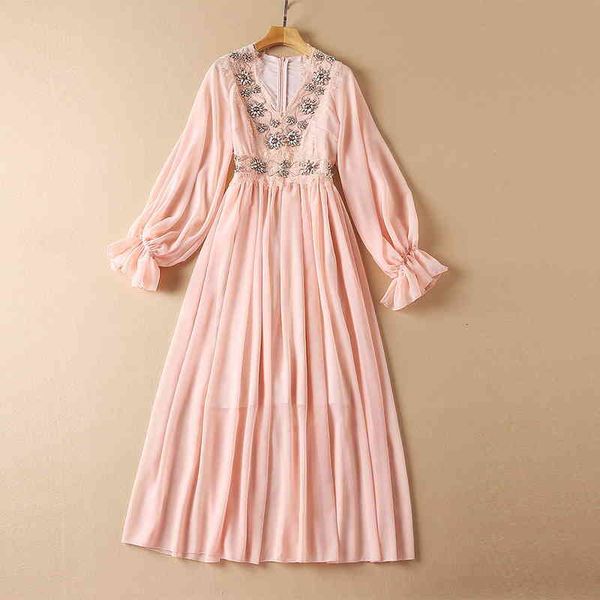

casual dresses pearl chiffon dress autumn women's v-neck heavy industry nail bead inlaid diamond lace long sleeved dress yw5s, Black;gray