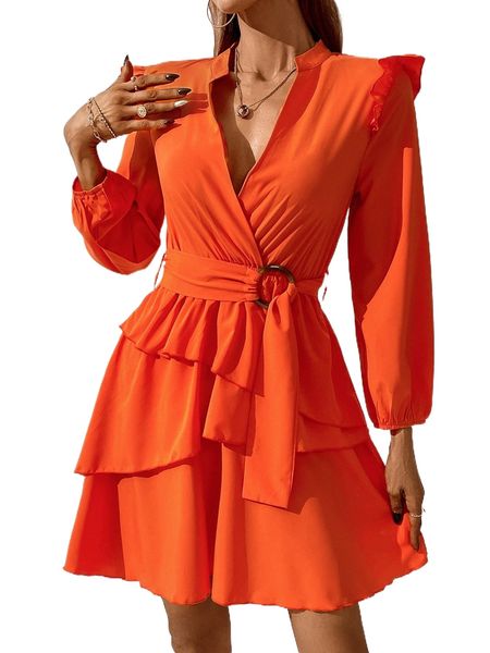 

solid ruffle trim belted dress l1is#, Black;gray