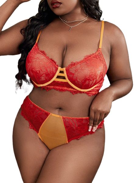

plus floral lace colorblock cut out underwire lingerie set r3uh#, Black;white