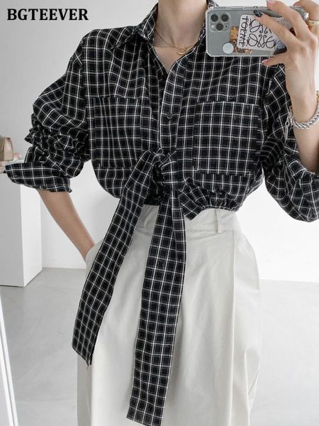 

chic single-breasted plaid women bow shirts 2022 spring summer pockets short ladies long sleeve female blouses, White