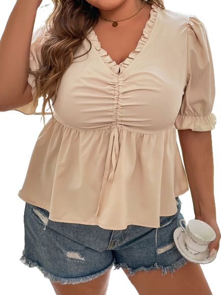 

plus puff sleeve frill trim drawstring split front peplum blouse i9cb#, Black