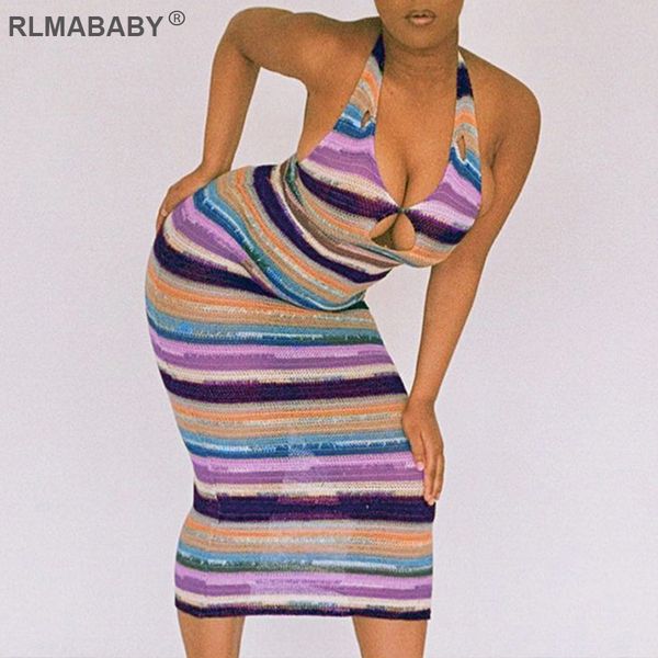 

summer women colorful striped mid-calf dress bandage halter hollow long bodycon dress night club party slim backless dress, Black;gray