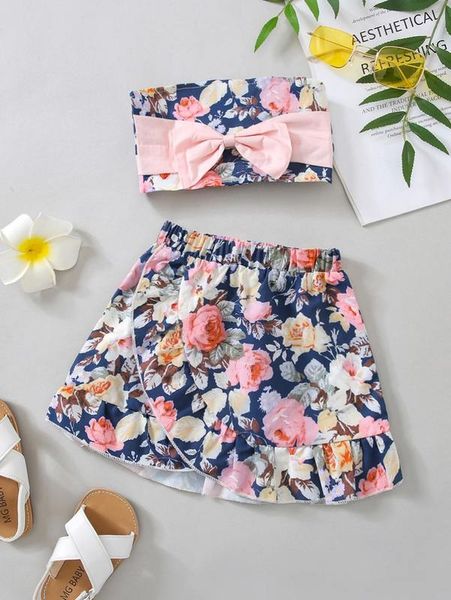 

toddler girls floral print bow front crop tube & ruffle wrap hem skirt she, White