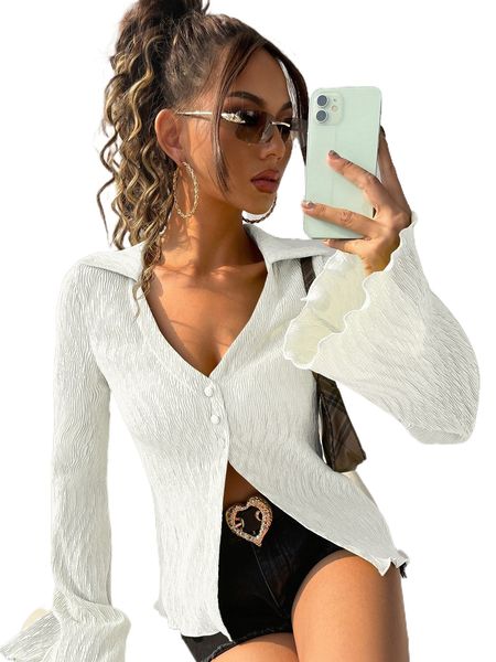 

flounce sleeve lettuce trim blouse e14j#, White