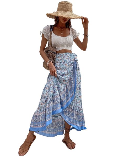 

floral print ruffle trim wrap knot side skirt t83s#, Black