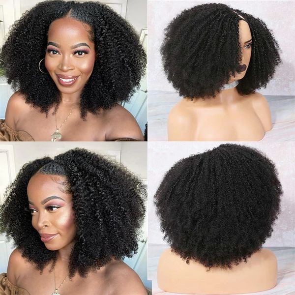 Afro Kinky Curly Human Hair U Parte Wigs para mulheres Média/esquerda/direita