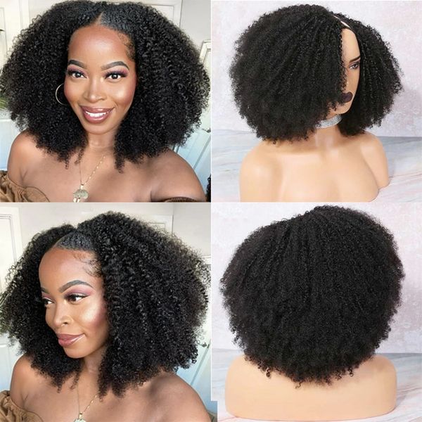 

afro kinky curly human hair u part wigs for women middle/left/right part full 250 density mongolia afros 4b 4c curlys v parts wig, Black