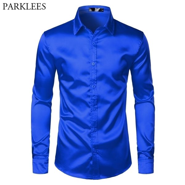 Королевская синяя шелковая атласная рубашка мужчина роскошная бренда Slim Fit Mens платье рубашки Свадебная вечеринка повседневная мужская повседневная рубашка Chemise 210331