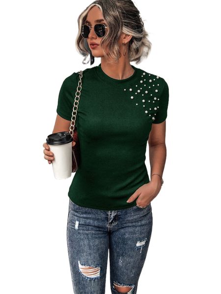 

pearls beaded rib-knit round neck tee m6iv#, White