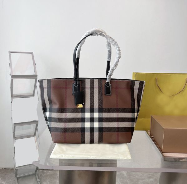 

23ss large capacity shopping bag tote bags handbag crossbody purse shoulder fashion letter plaid tartan shoulder strap genuine leather size, Black