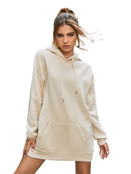 

solid drop shoulder kangaroo pocket longline hoodie 62z0#, Black