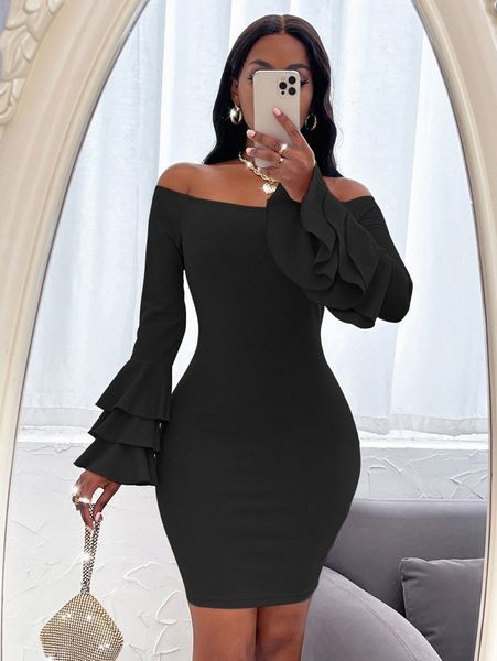 

sxy off shoulder layered sleeve bodycon dress c6ee#, Black;gray