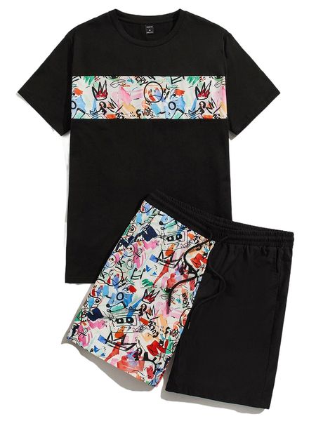 

men graffiti print tee & drawstring waist shorts z45r#, Gray